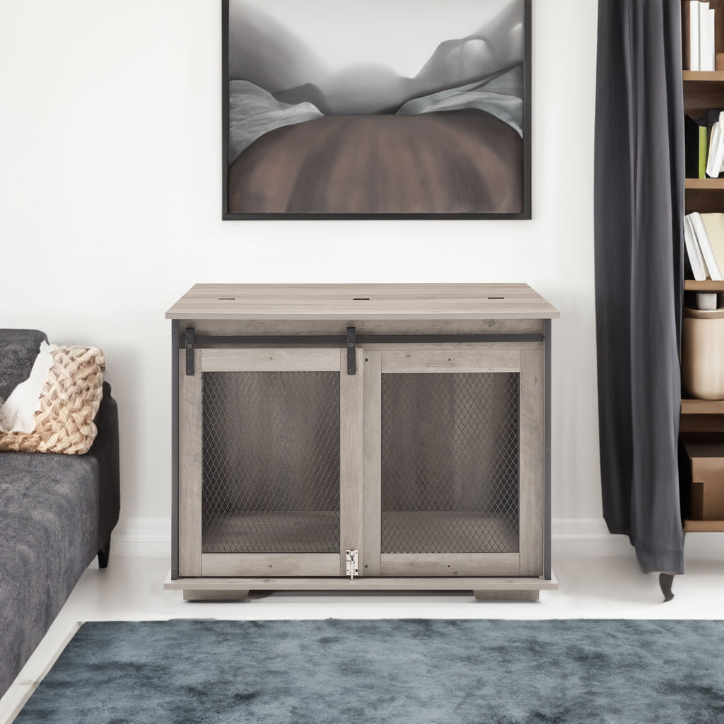 The HomeNest Farmhouse Dog Crate Furniture - Sliding Barn Door Kennel End Table with Flip-Top! 🐶🏡