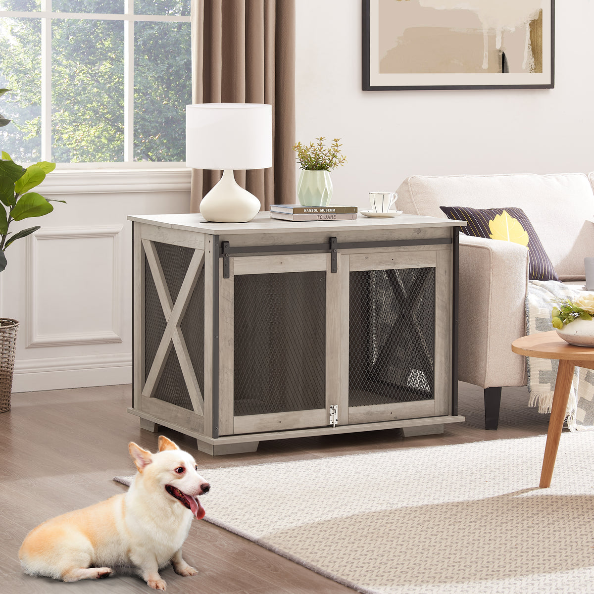 The HomeNest Farmhouse Dog Crate Furniture - Sliding Barn Door Kennel End Table with Flip-Top! 🐶🏡