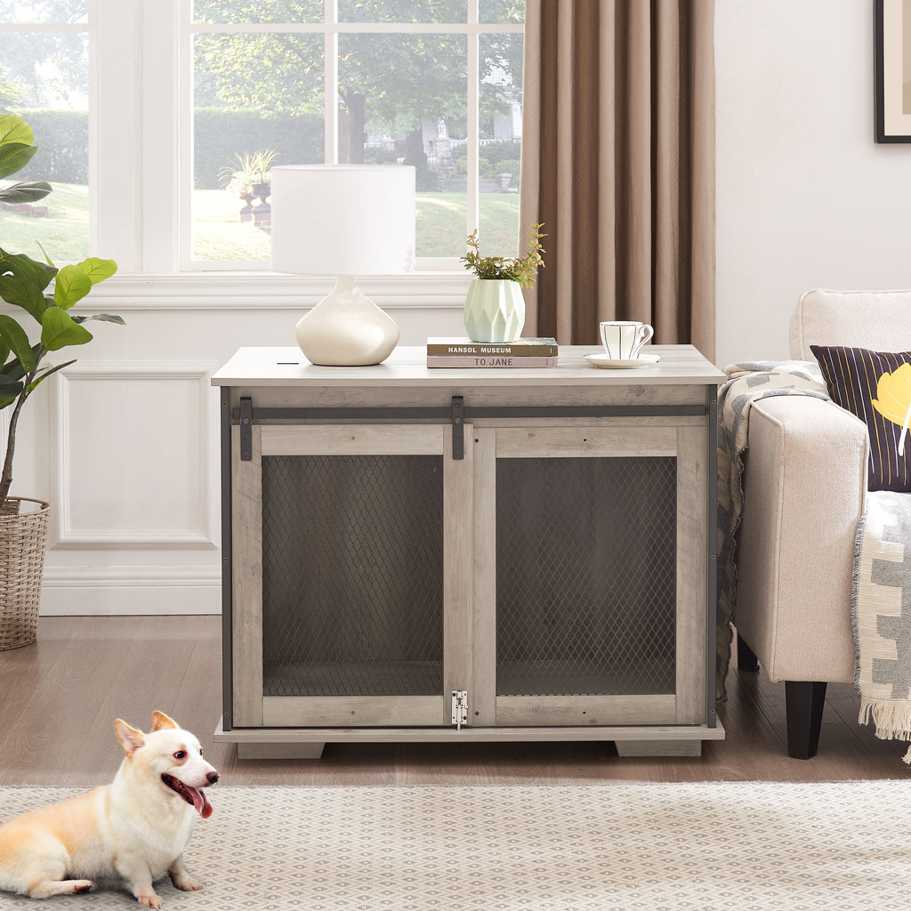 The HomeNest Farmhouse Dog Crate Furniture - Sliding Barn Door Kennel End Table with Flip-Top! 🐶🏡