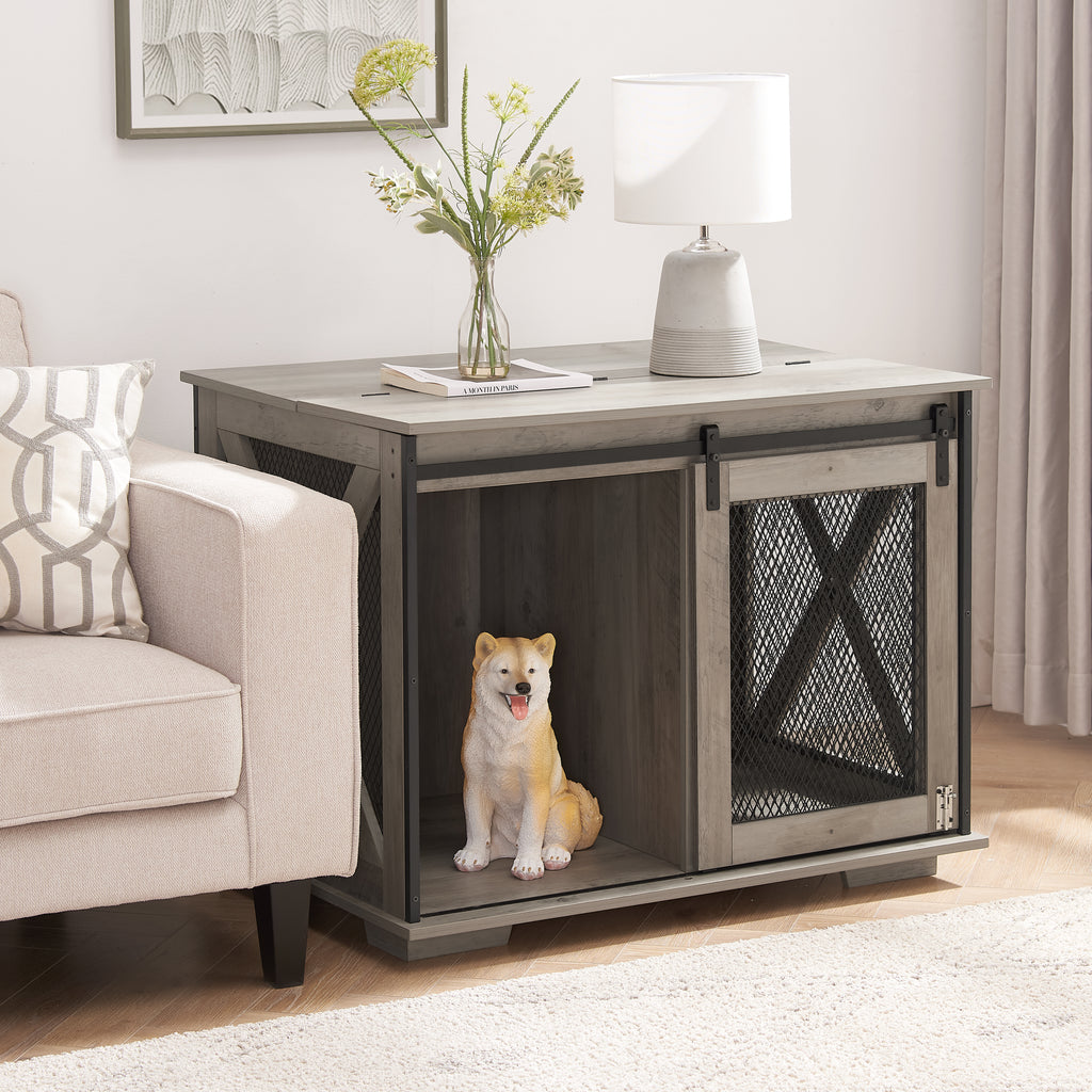 The HomeNest Farmhouse Dog Crate Furniture - Sliding Barn Door Kennel End Table with Flip-Top! 🐶🏡