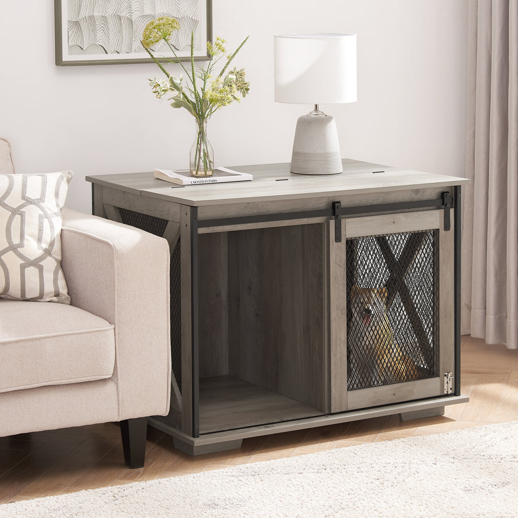 The HomeNest Farmhouse Dog Crate Furniture - Sliding Barn Door Kennel End Table with Flip-Top! 🐶🏡