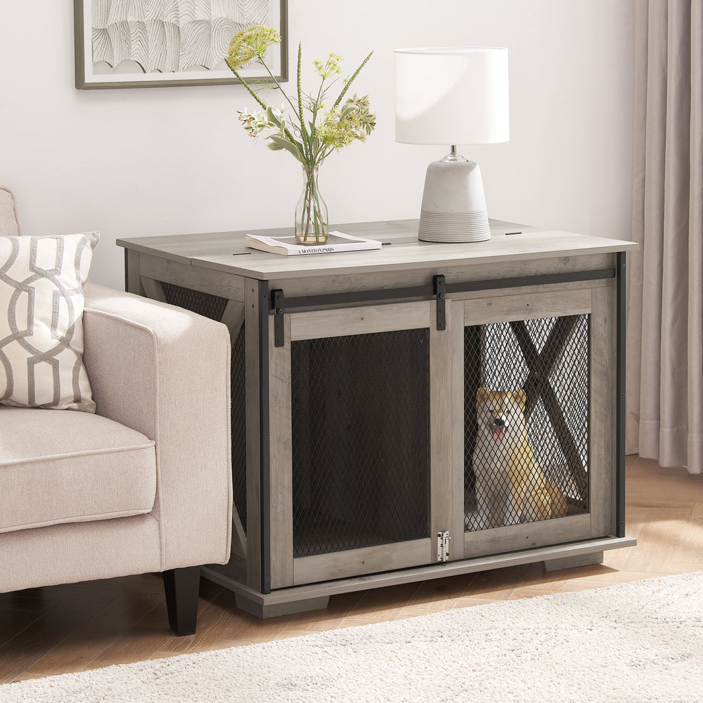 The HomeNest Farmhouse Dog Crate Furniture - Sliding Barn Door Kennel End Table with Flip-Top! 🐶🏡
