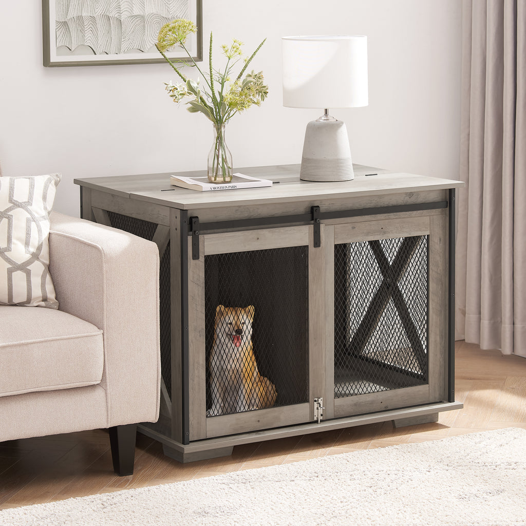 The HomeNest Farmhouse Dog Crate Furniture - Sliding Barn Door Kennel End Table with Flip-Top! 🐶🏡