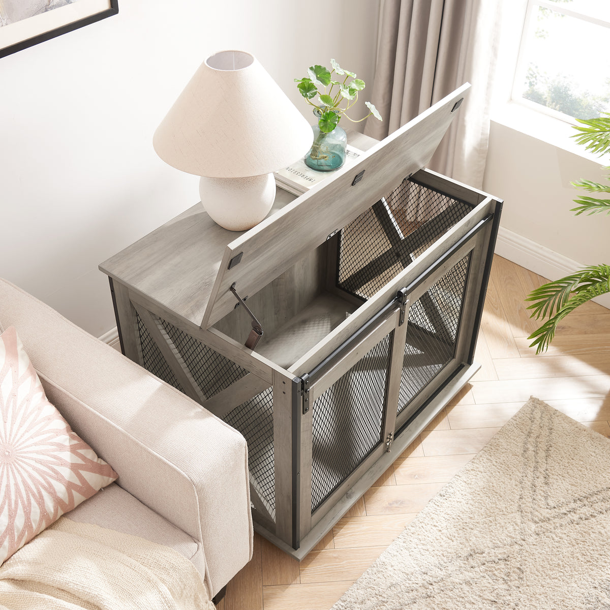 The HomeNest Farmhouse Dog Crate Furniture - Sliding Barn Door Kennel End Table with Flip-Top! 🐶🏡